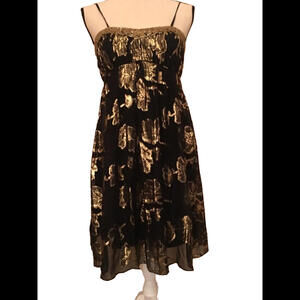 👗⚫️🩶Cache Size 4 Black with Gold Floral Dress Beaded Neckline Strapless Formal